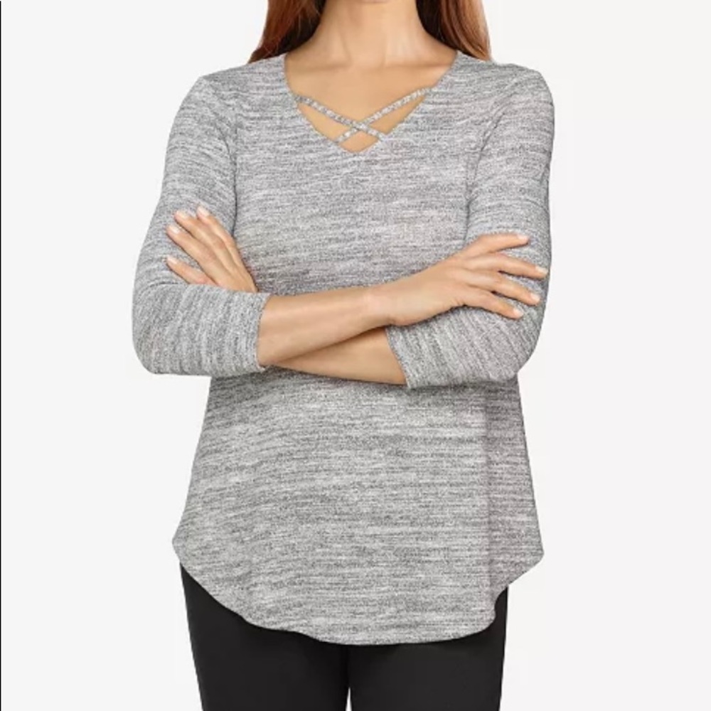 Ruby Rd. Petite Marled Metallic Hatchi Crisscross Top